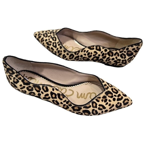 Sam Edelman Riza Cow Hair Leather Leopard Print Scalloped Pointed Toe Flats - Picture 1 of 11
